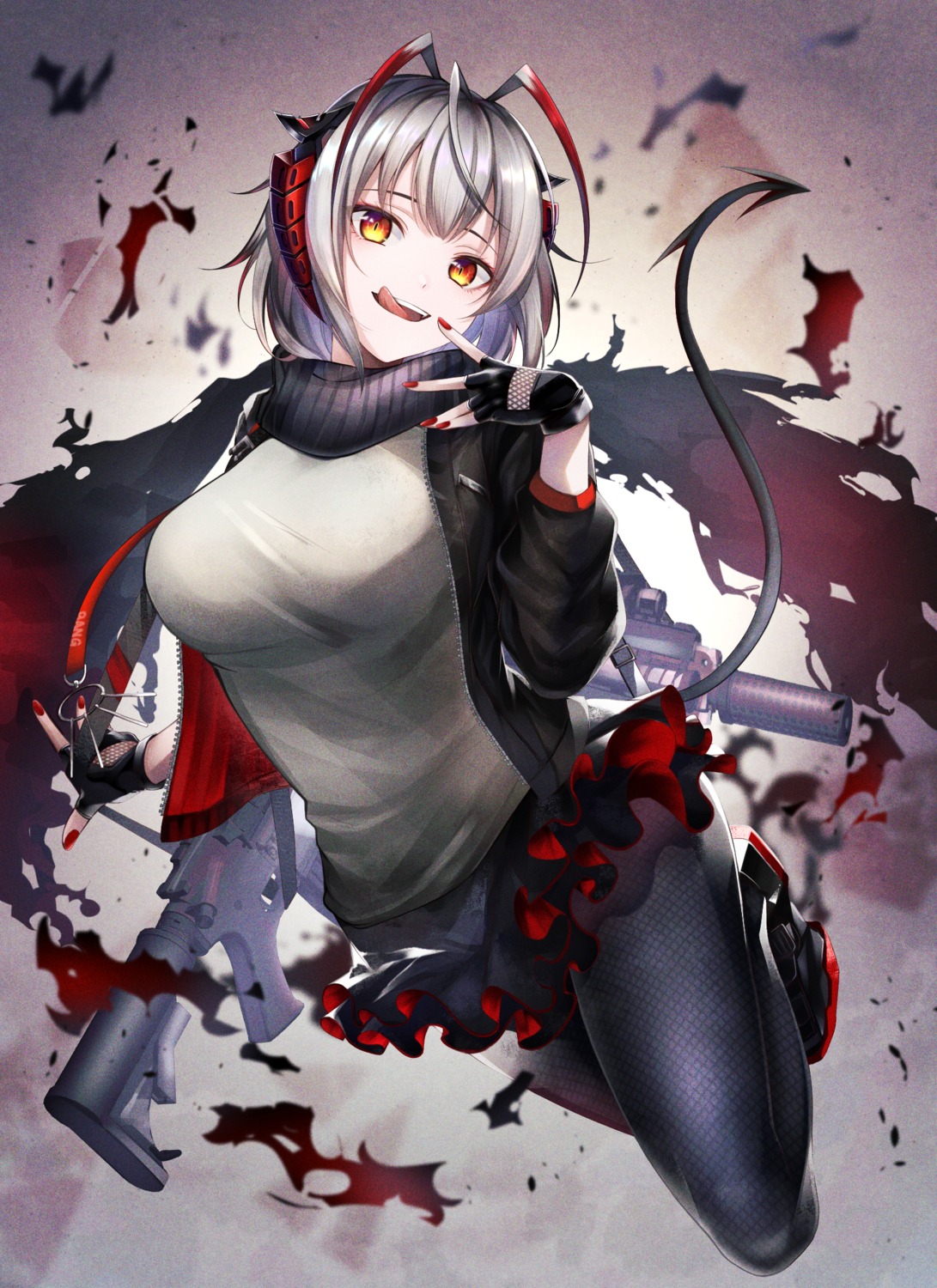 arknights, fishnets, gun, horns, noan, pantyhose, skirt_lift, tail