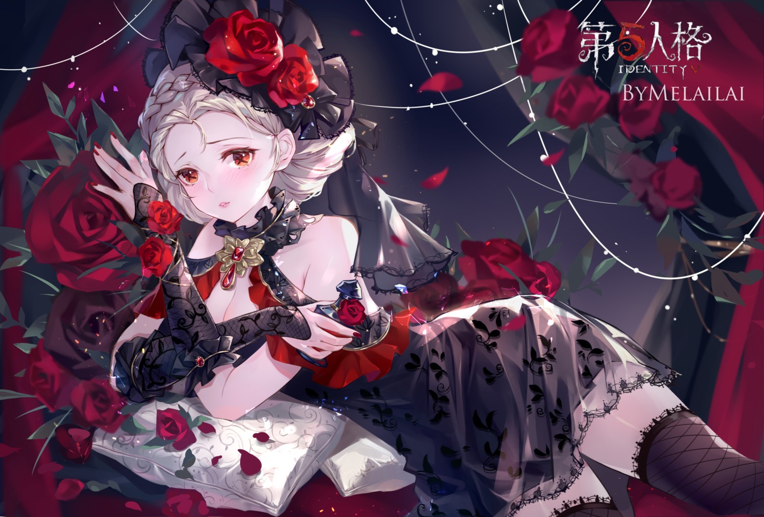 cleavage, dress, fishnets, identity_v, melailai, see_through, thighhighs