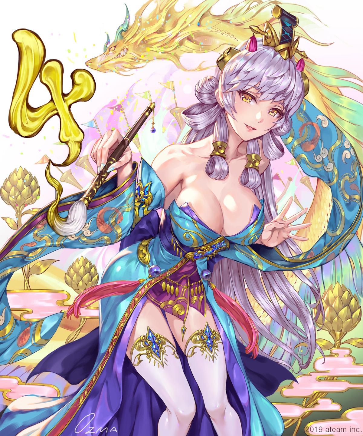 asian_clothes, cleavage, monster, no_bra, ozma_(ozmakku), sangokushi_taisen, thighhighs