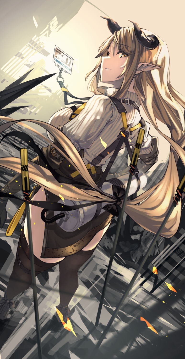 arknights, fujita_(condor), horns, meteorite_(arknights), pointy_ears, sweater, sword, thighhighs
