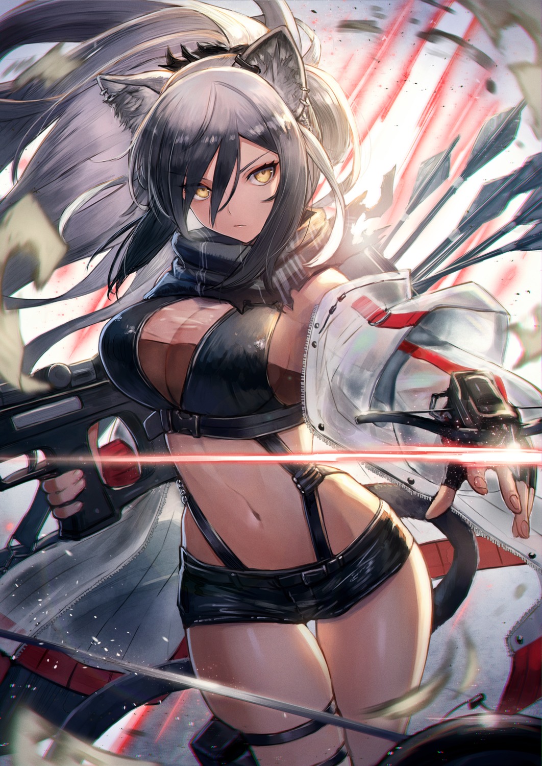 animal_ears, arknights, garter, kuroi_susumu, schwarz_(arknights), see_through, tail, weapon