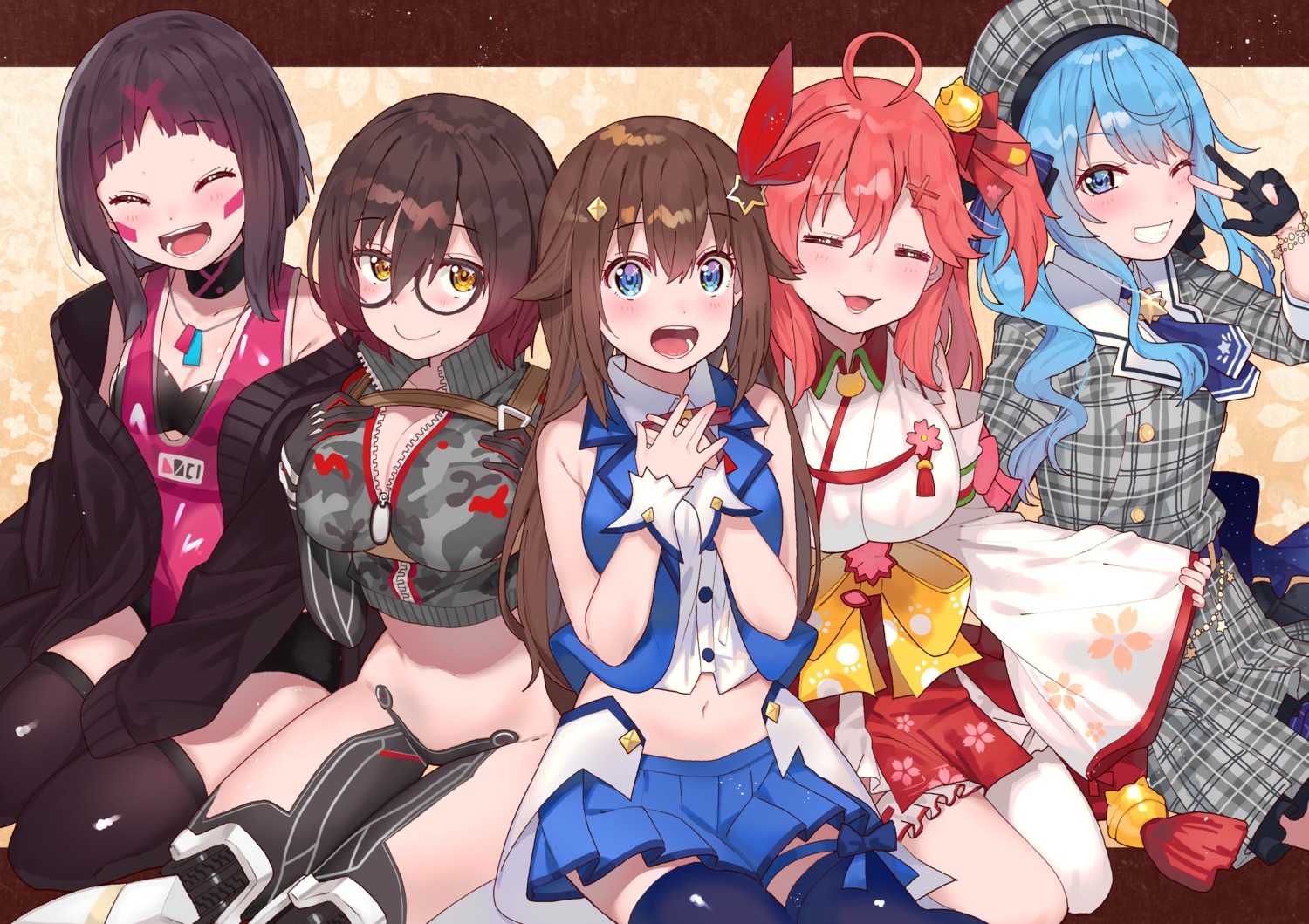 azki_(hololive), bra, breast_hold, cleavage, hololive, hoshimachi_suisei, japanese_clothes, megane, open_shirt, roboco-san, sakura_miko, thighhighs, tokino_sora, tonarikeru