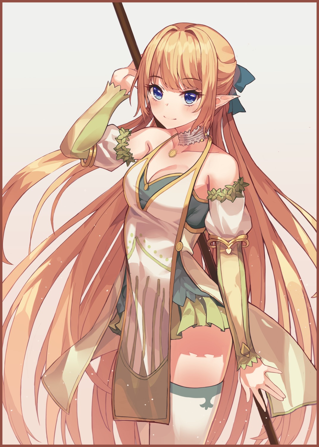 cleavage, elf, pointy_ears, seemu_(wnslqjdignv_), thighhighs, weapon