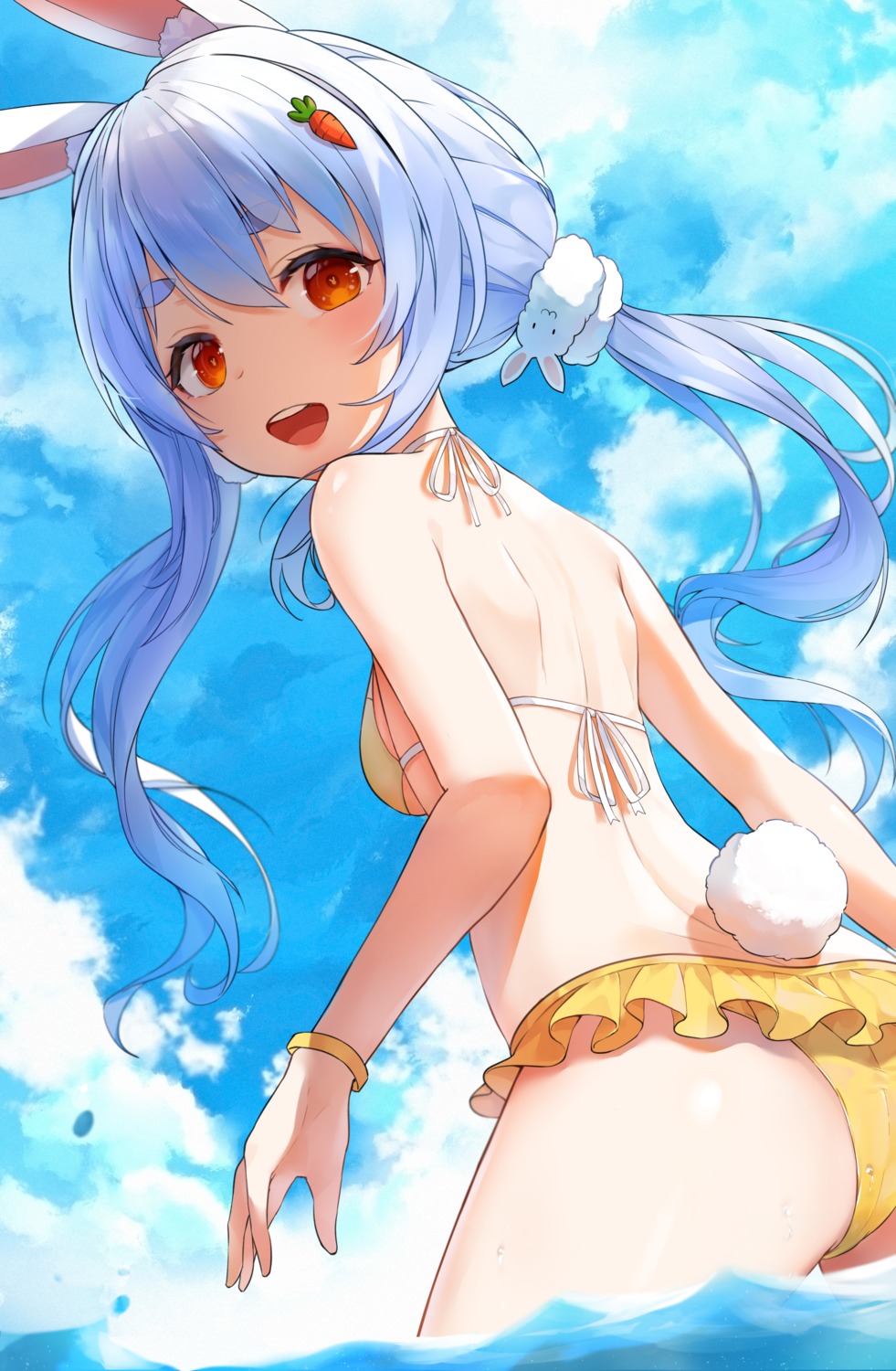animal_ears, artist_revision, ass, bikini, bunny_ears, hololive, snozaki, swimsuits, tail, usada_pekora, wet