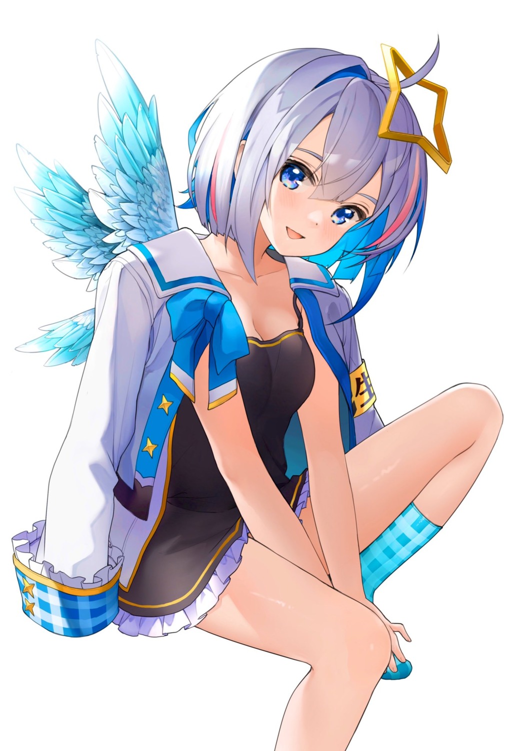 amane_kanata, angel, cleavage, hololive, skirt_lift, tate_yukimi, wings