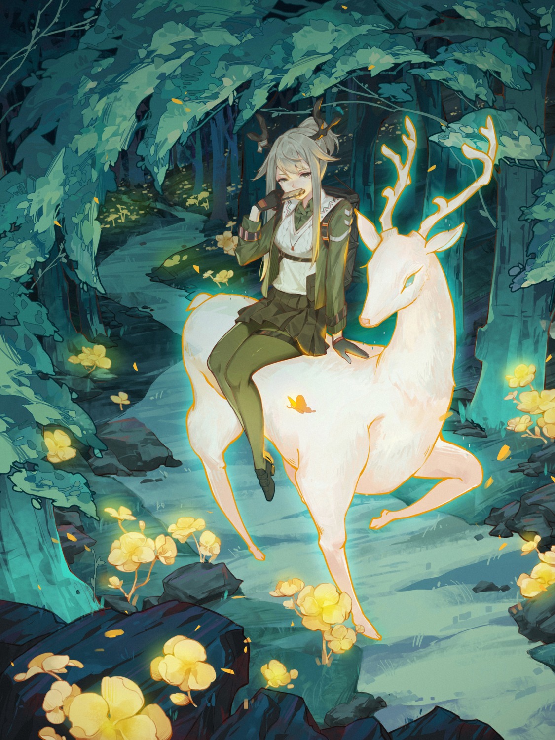 arknights, emurina, firewatch_(arknights), garter, horns, pantyhose