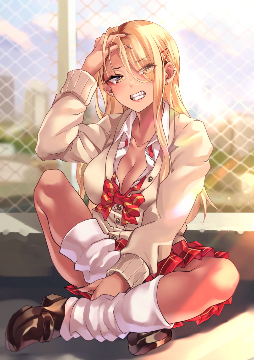 cleavage, open_shirt, seifuku, shashaki, sweater