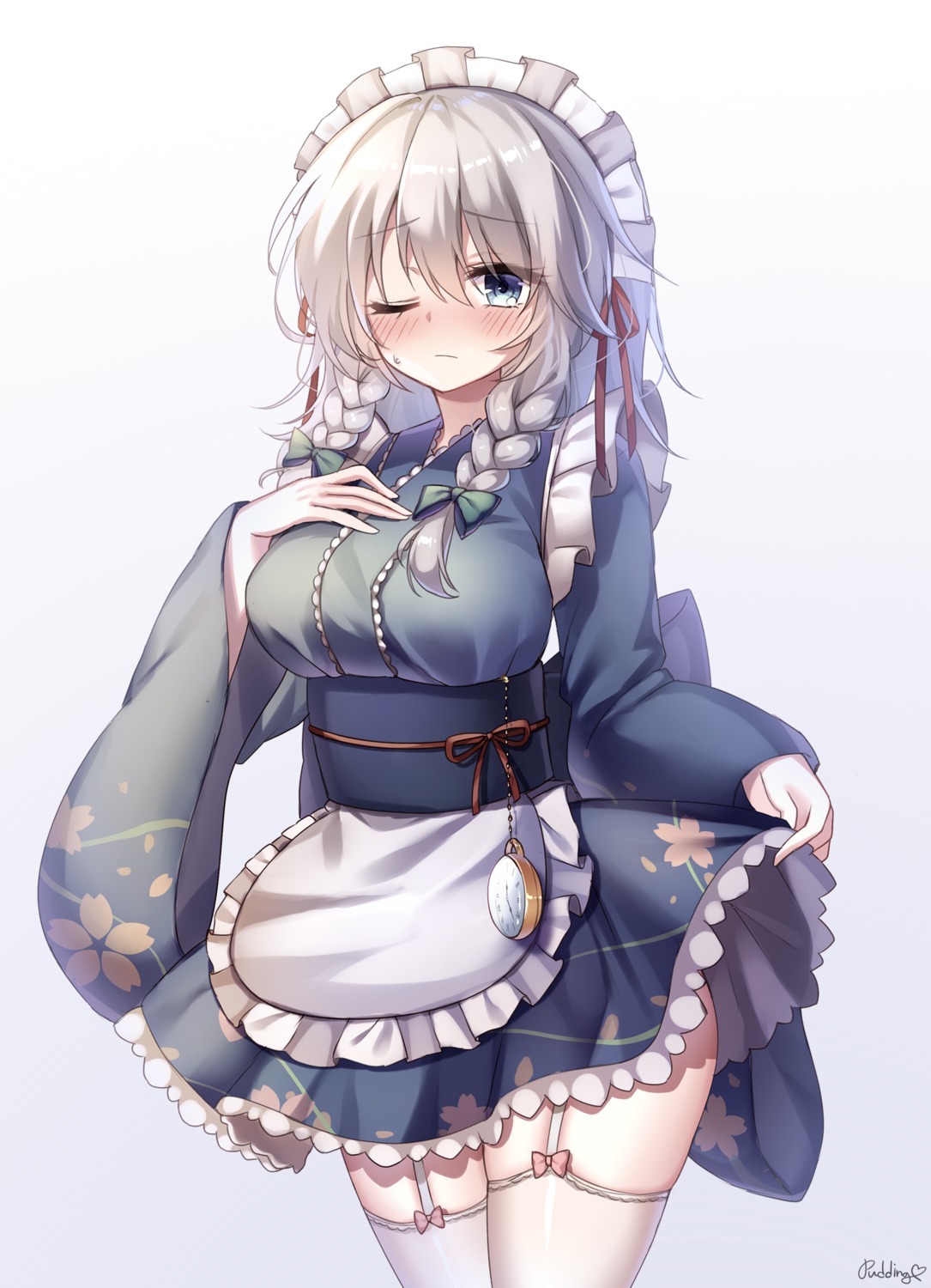 izayoi_sakuya, maid, pudding_(skymint_028), skirt_lift, stockings, thighhighs, touhou, wa_maid