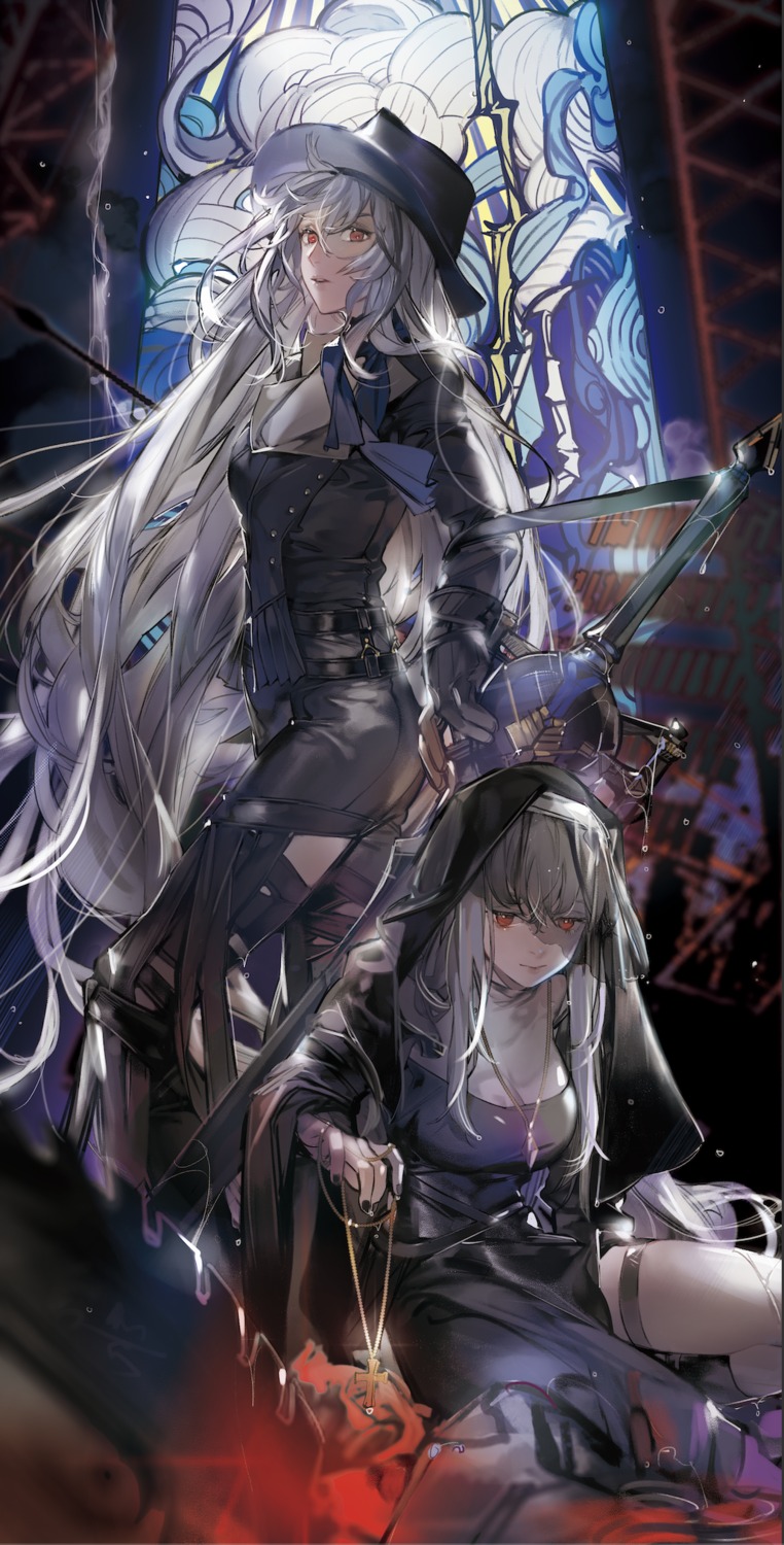arknights, garter, ibaraki, noir_(ibaraki), nun, skadi_(arknights), specter_(arknights), sword