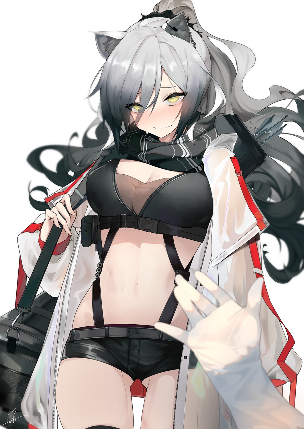 animal_ears, arknights, cleavage, fataaa, schwarz_(arknights), see_through