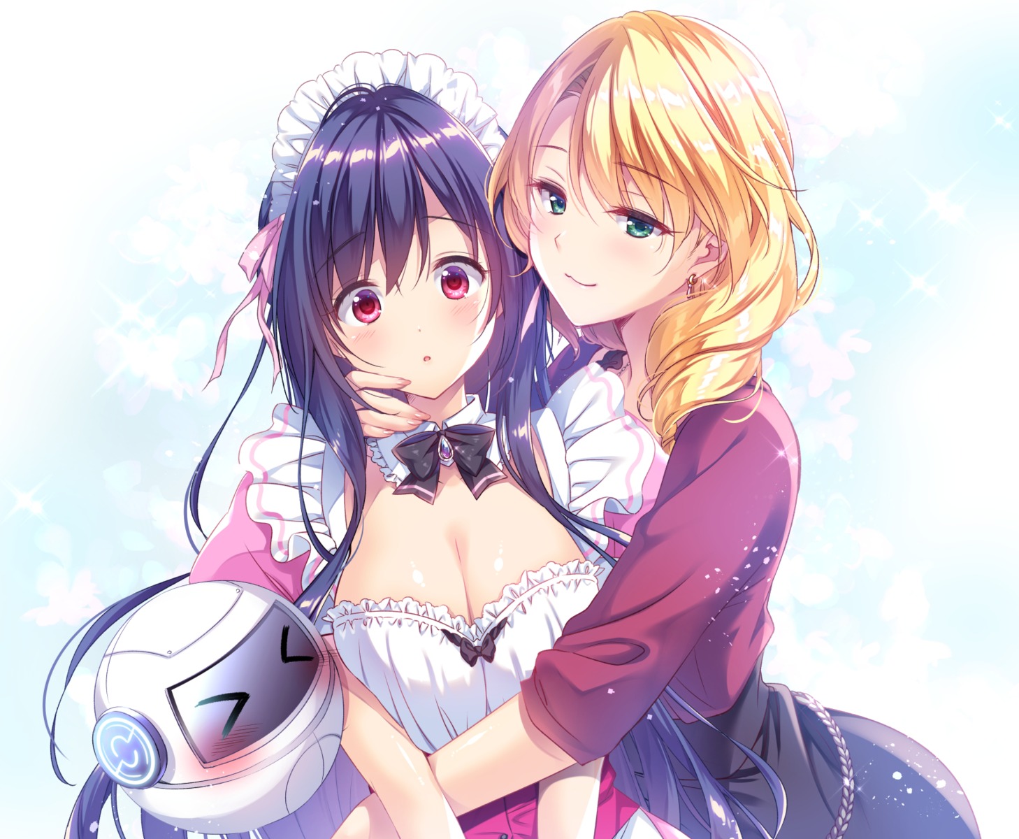 abiru_karen, cleavage, maid, makina_(qualia_~yakusoku_no_kiseki~), puresis, qualia_~yakusoku_no_kiseki~, suzushiro_atsushi, yuri