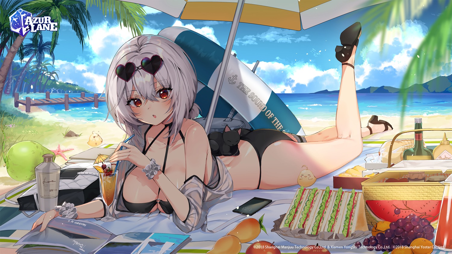 azur_lane, bikini, heels, kuini, manjuu_(azur_lane), megane, neko, open_shirt, see_through, sirius_(azur_lane), swimsuits, wallpaper