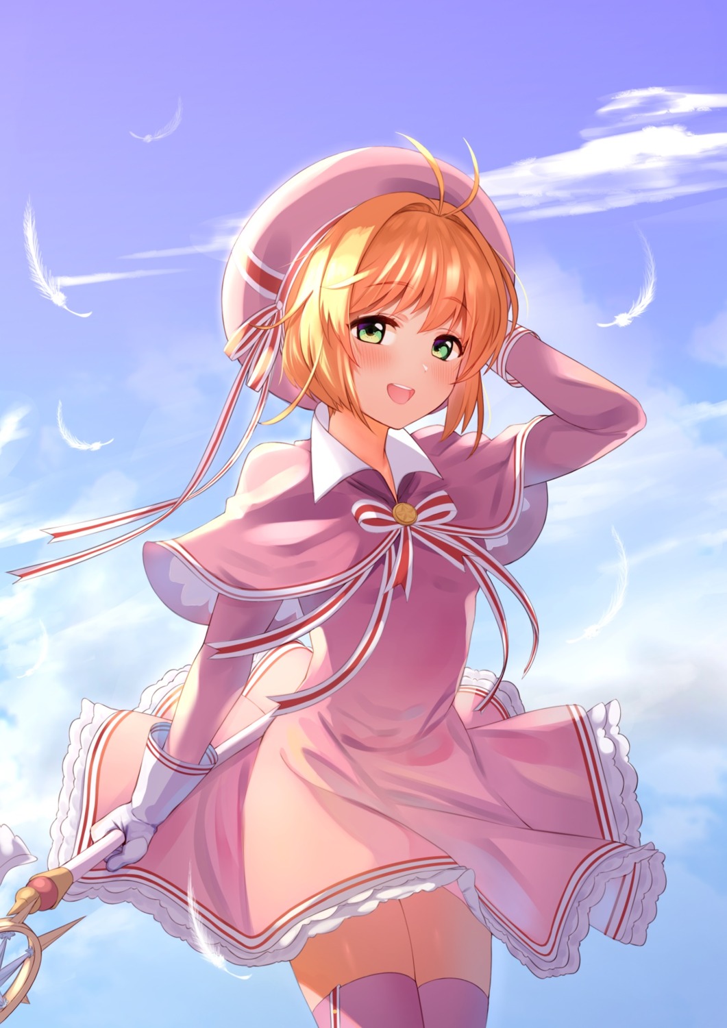 card_captor_sakura, dress, kinomoto_sakura, muryou_myakudou, skirt_lift, thighhighs, weapon