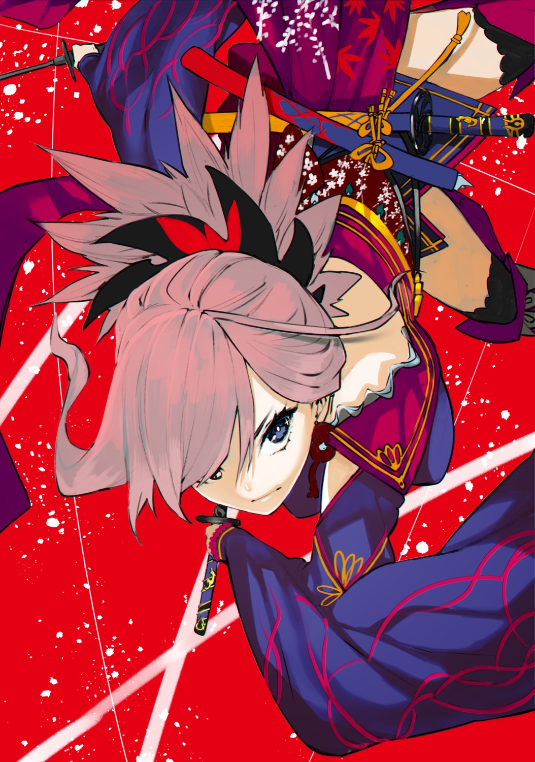 fate/grand_order, japanese_clothes, miyamoto_musashi_(fate), sword, thighhighs, tulip