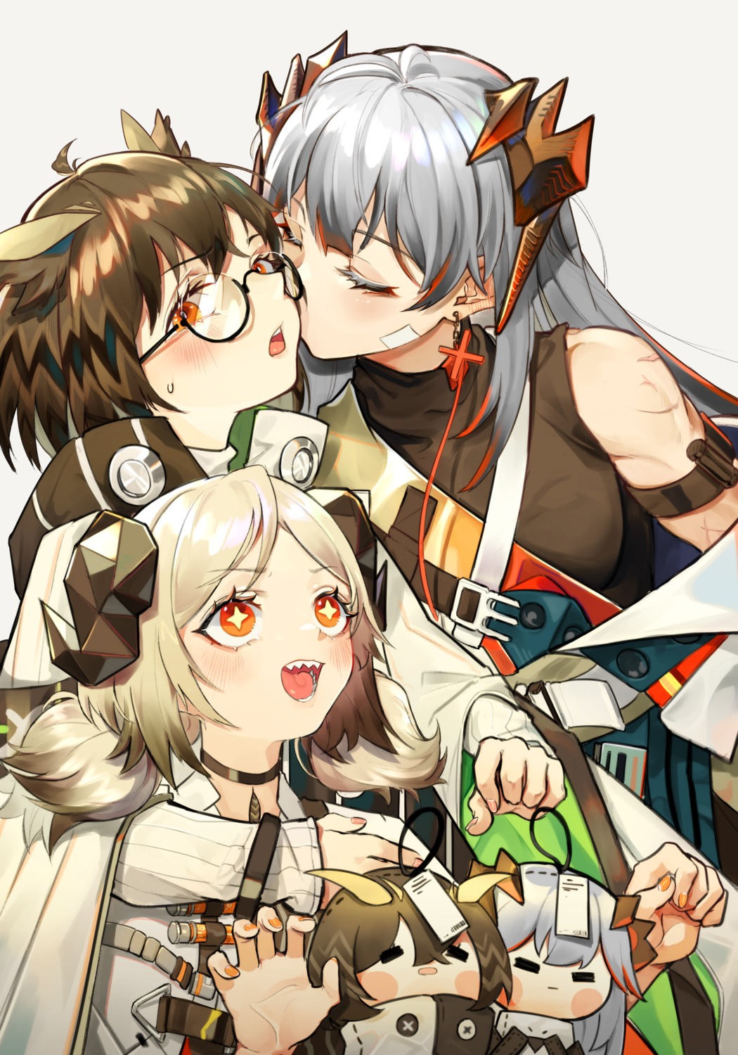 arknights, chibi, dpea9, horns, ifrit_(arknights), megane, saria_(arknights), silent_(arknights)