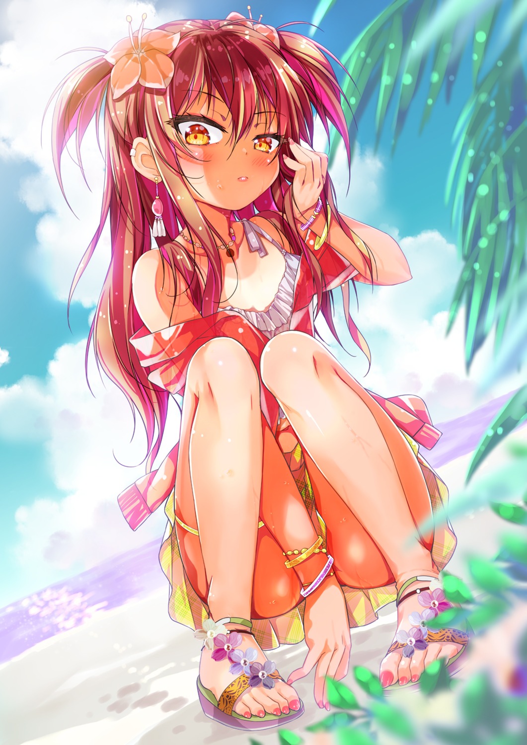 bikini, cafe-chan_to_break_time, cafe_(cafe-chan_to_break_time), garter, open_shirt, porurin, skirt_lift, swimsuits