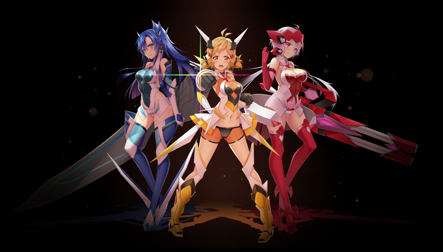 bodysuit, kazanari_tsubasa, koyaya, leotard, senki_zesshou_symphogear, sword, tachibana_hibiki, thighhighs