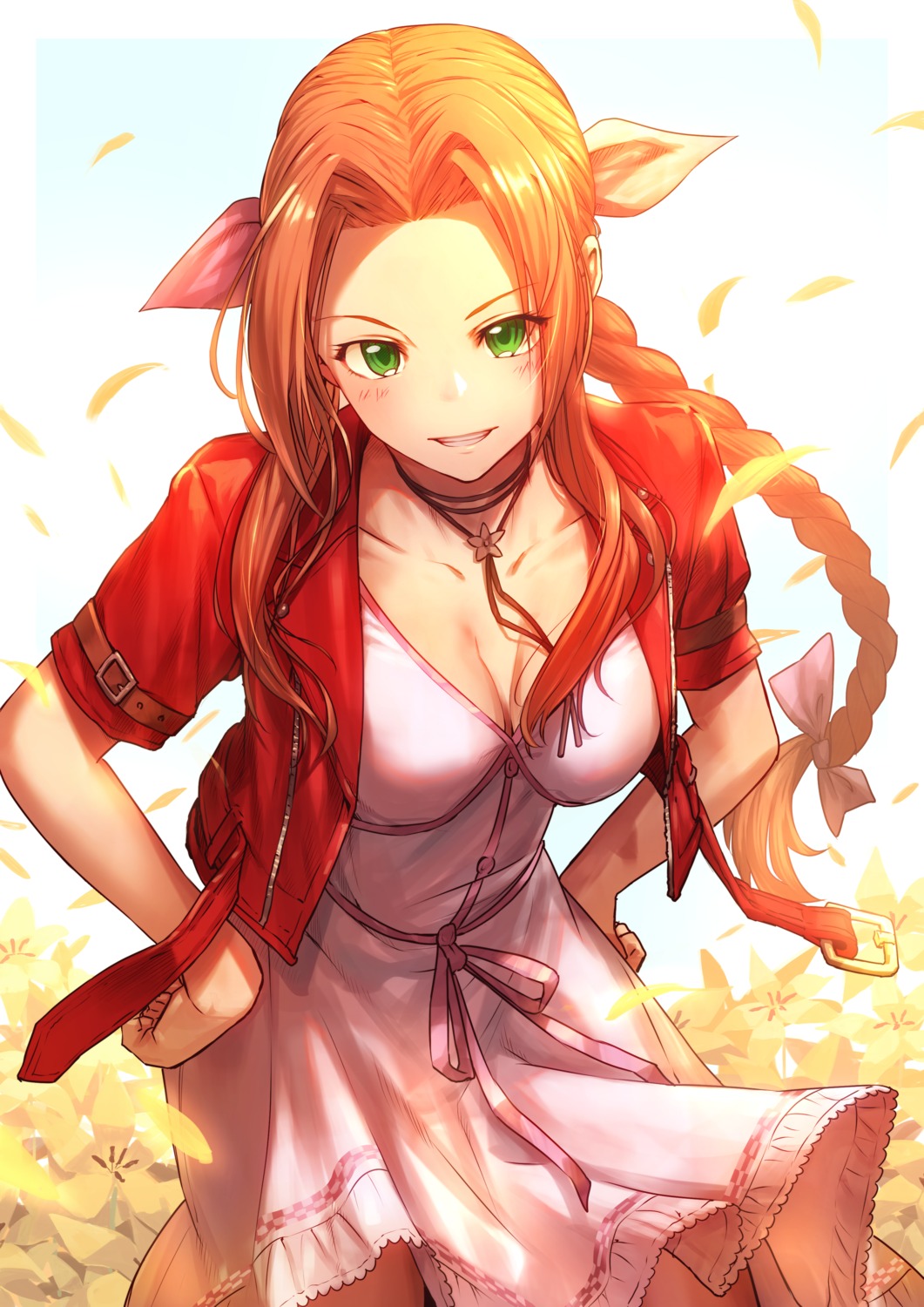 aerith_gainsborough, cleavage, dress, final_fantasy, final_fantasy_vii, nakanishi_tatsuya, skirt_lift