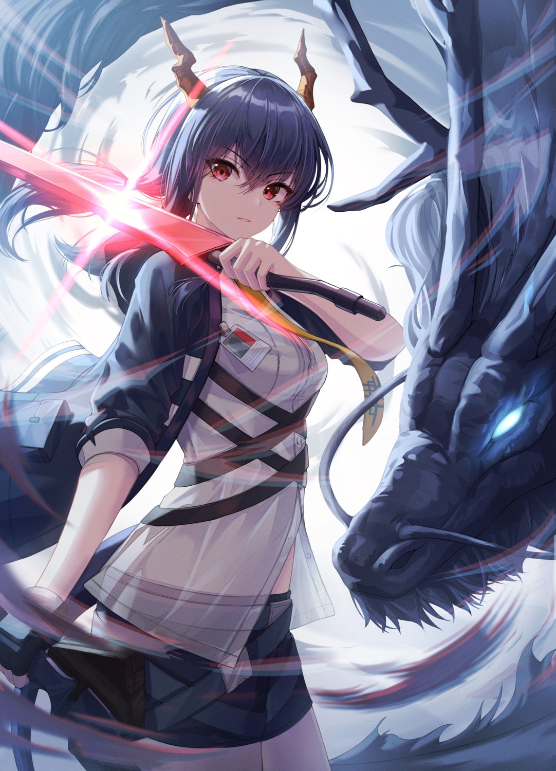 arknights, ch'en_(arknights), cow-ring, horns, monster, see_through, sword, tail
