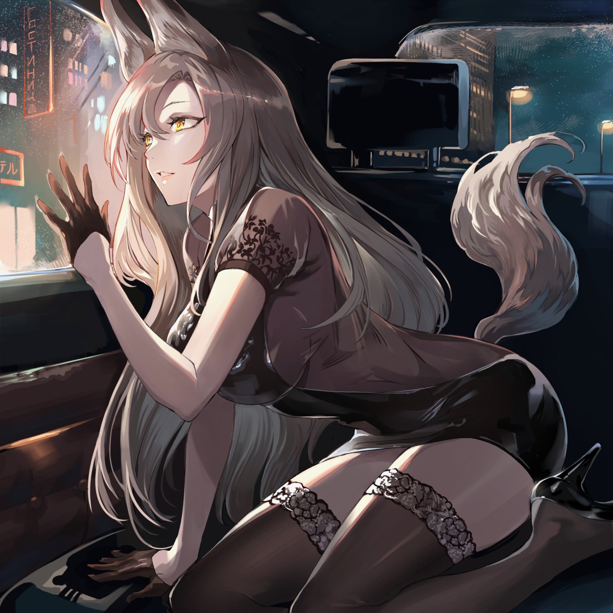 animal_ears, dress, heels, no_bra, nr_noir, see_through, tail, thighhighs