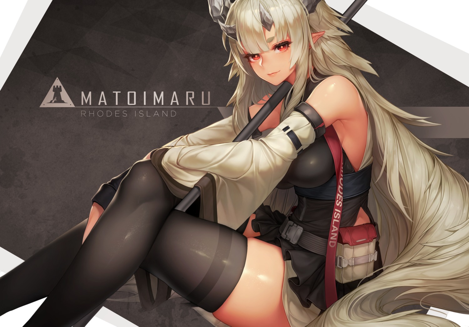 arknights, horns, pointy_ears, skirt_lift, thighhighs, vana, weapon