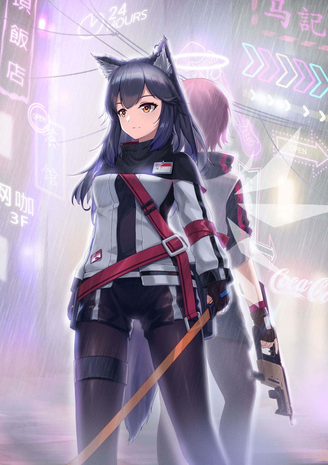angel, animal_ears, arknights, exusiai_(arknights), garter, gun, mo_ying_yu, pantyhose