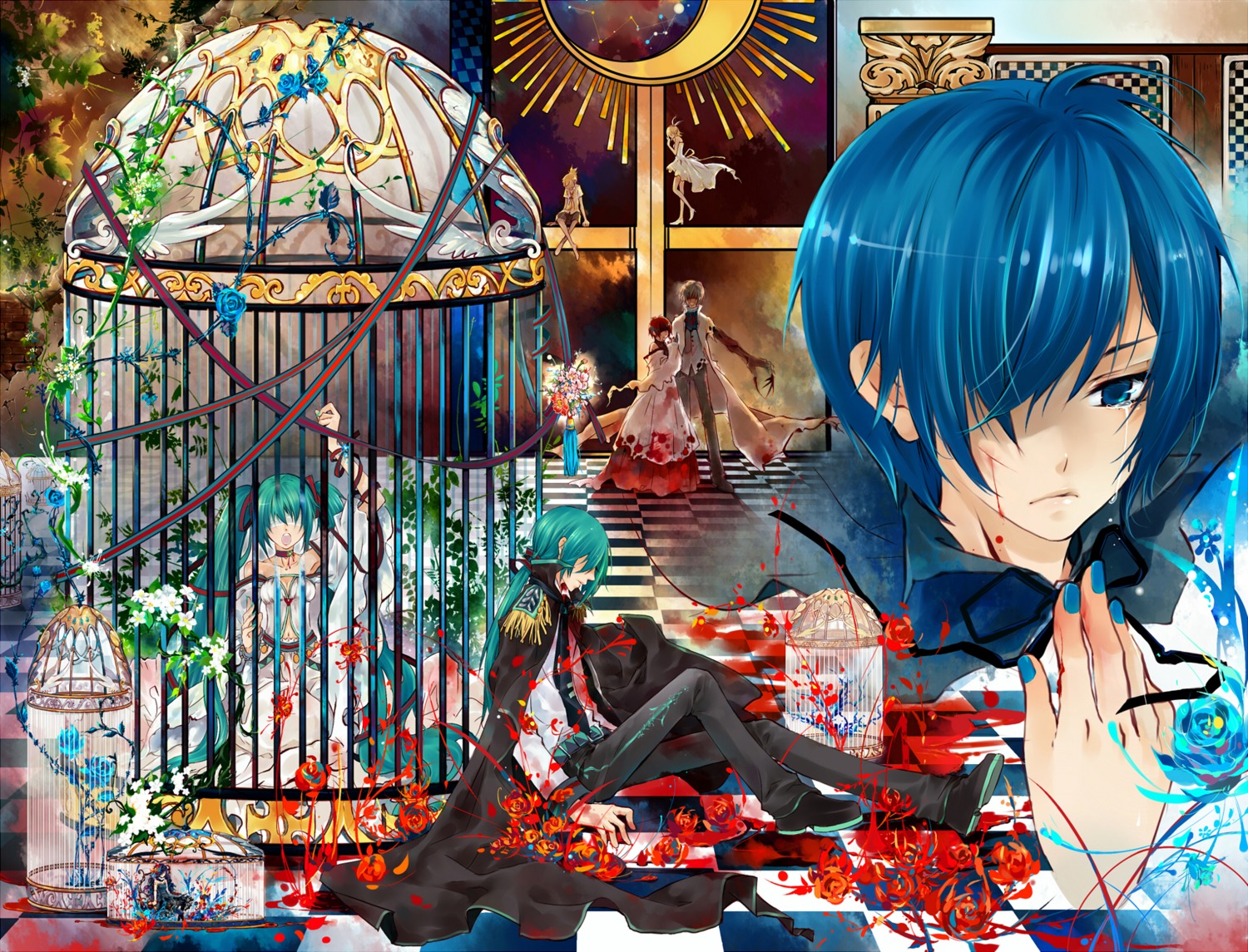 blood, dress, genderswap, hatsune_miku, hatsune_mikuo, kagamine_len, kagamine_rin, kaito, male, meiko, saiyki, vocaloid