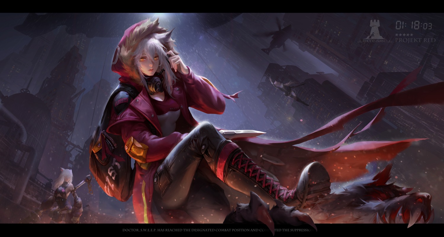 animal_ears, arknights, projekt_red_(arknights), tail, train_hb, weapon
