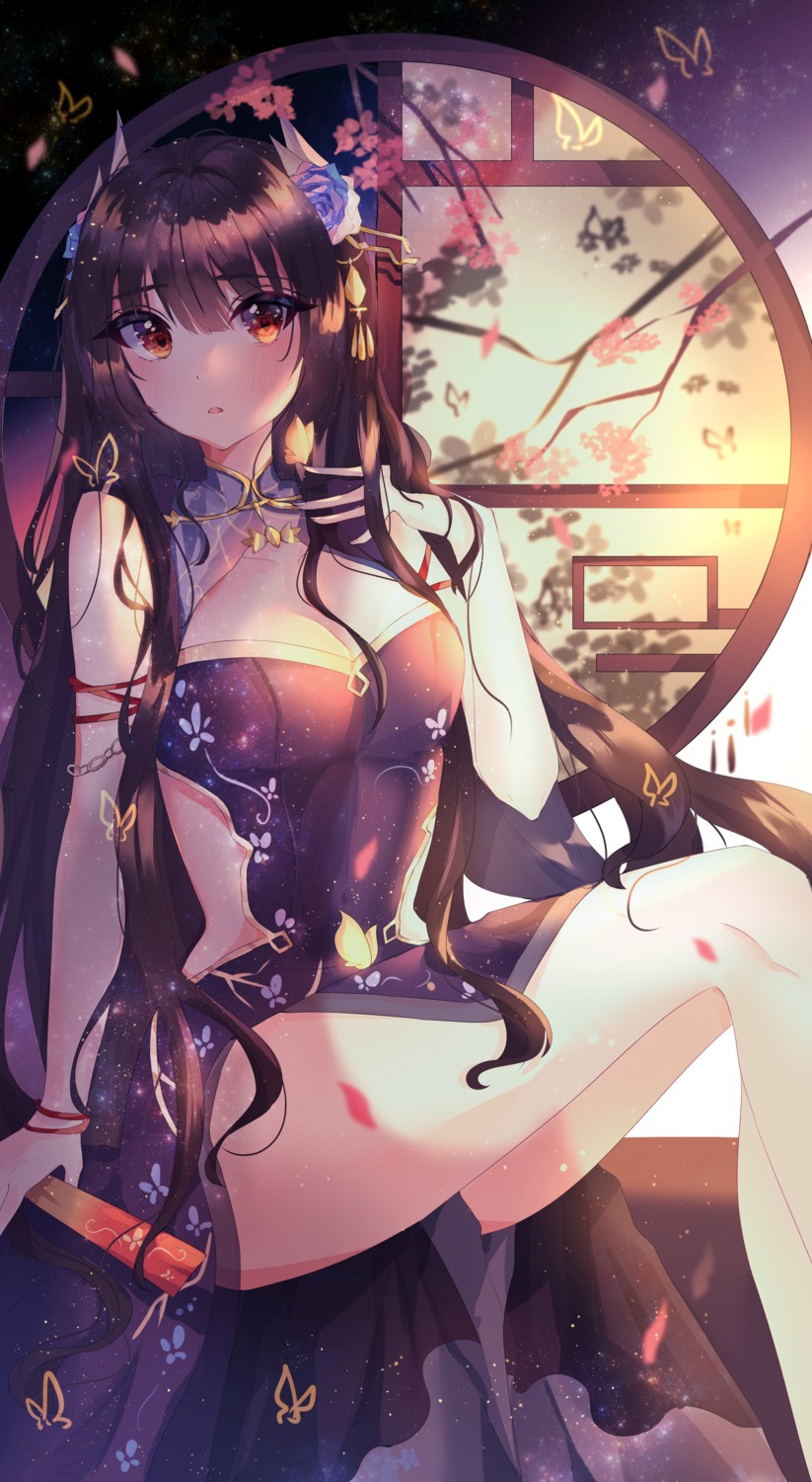 asian_clothes, azur_lane, cleavage, hiei_(azur_lane), horns, skirt_lift, wine_(2148_wine)
