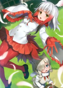 alpaca_suri, animal_ears, crested_ibis, kemono_friends, pantyhose, skirt_lift, tail, wings