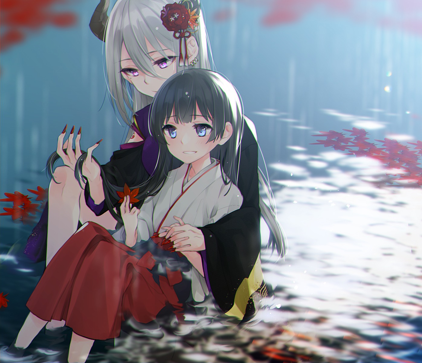 higuchi_kaede, horns, japanese_clothes, miko, myama, nijisanji, tsukino_mito, wet, yuri