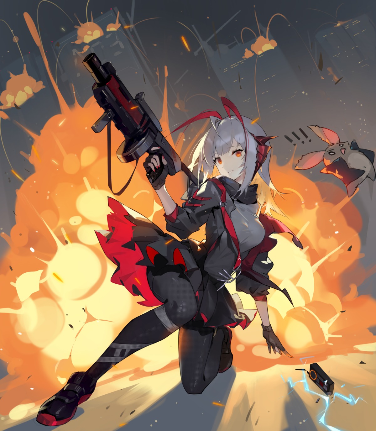 arknights, fishnets, gun, helic_(7317helic), horns, pantyhose, skirt_lift, torn_clothes