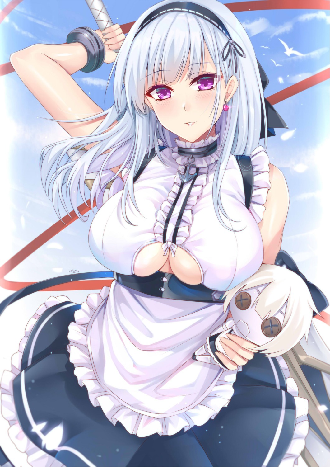 azur_lane, chibi, dido_(azur_lane), maid, no_bra, sword, tsang_yu_chun