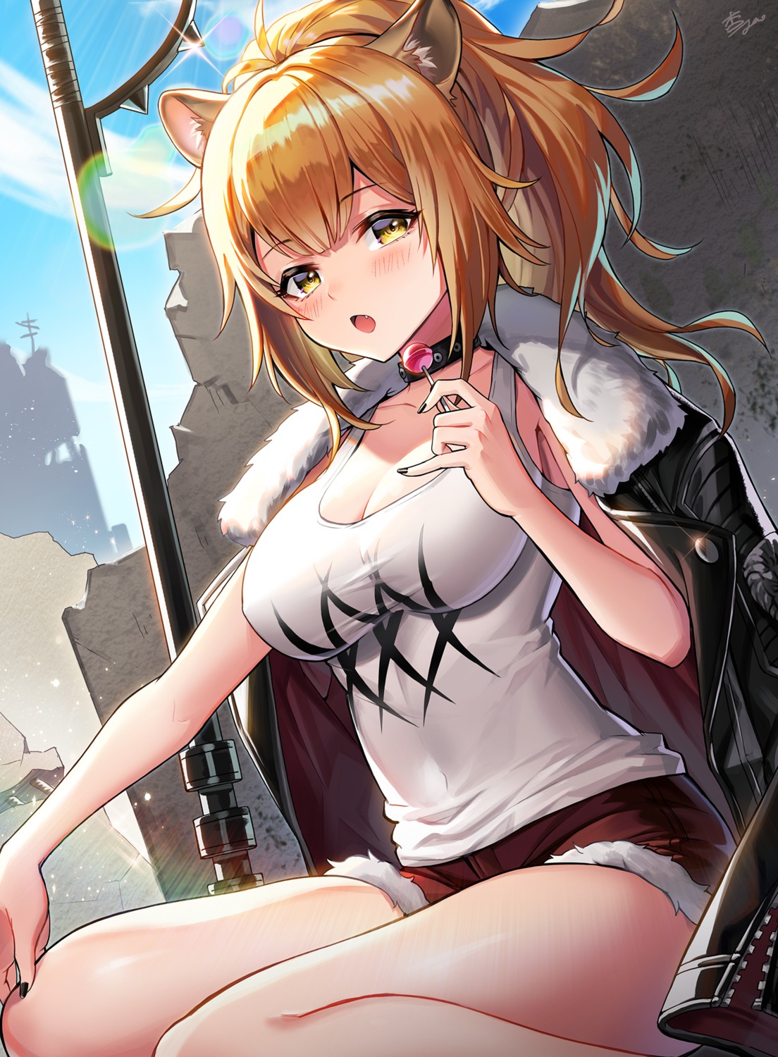 animal_ears, anzumame, arknights, cleavage, siege_(arknights), weapon