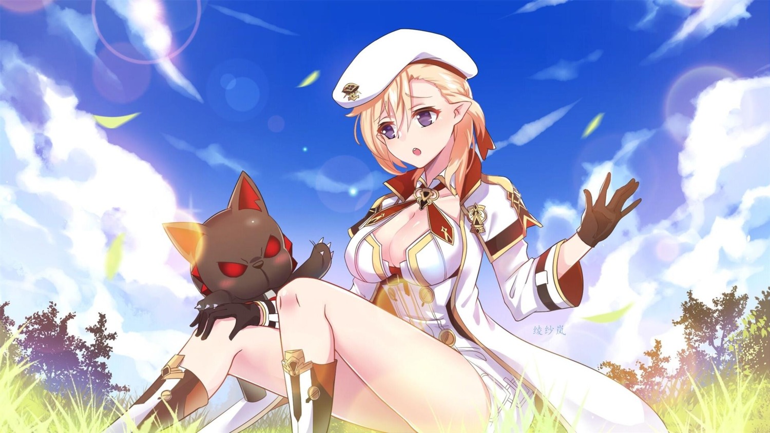 cleavage, closers, lanelise, pointy_ears, uniform, wallpaper