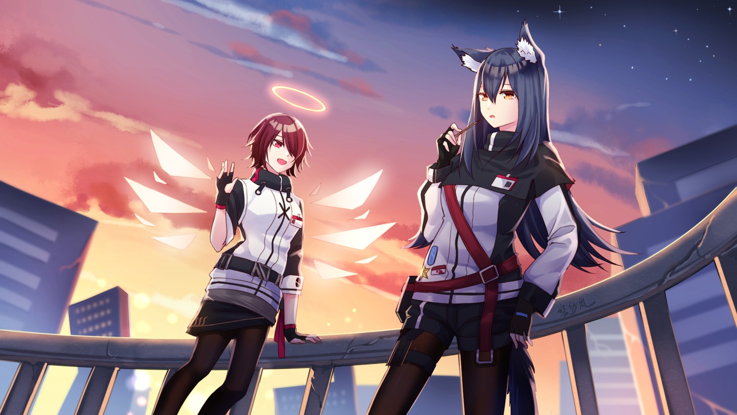 angel, animal_ears, arknights, exusiai_(arknights), garter, lanelise, pantyhose, tail