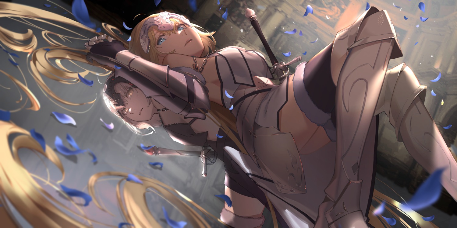 armor, fate/grand_order, jeanne_d'arc, jeanne_d'arc_alter_(fate), oekaki_taro, skirt_lift, sword, thighhighs