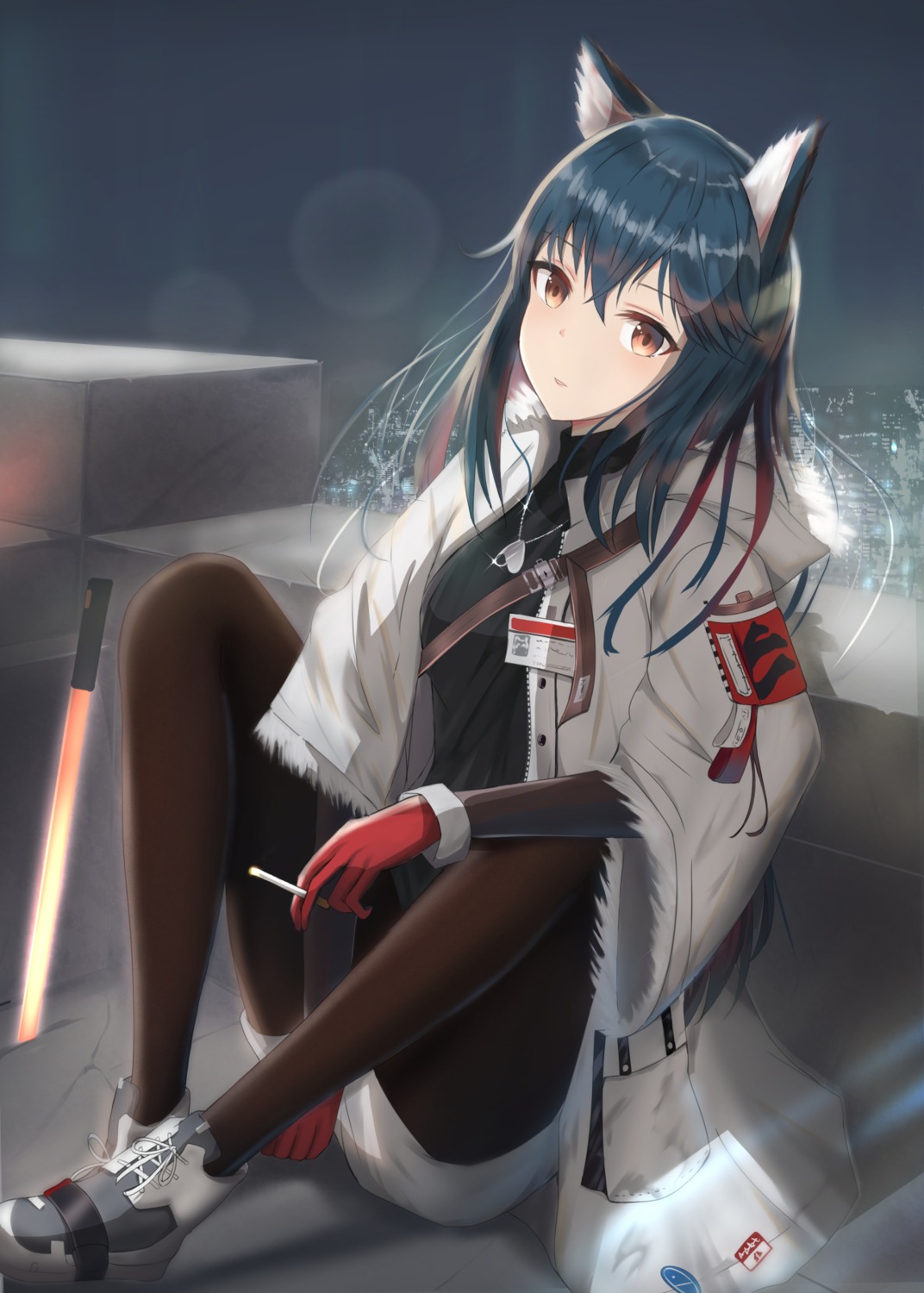 animal_ears, arknights, pantyhose, smoking, so_korokoro, sword, texas_(arknights), uniform
