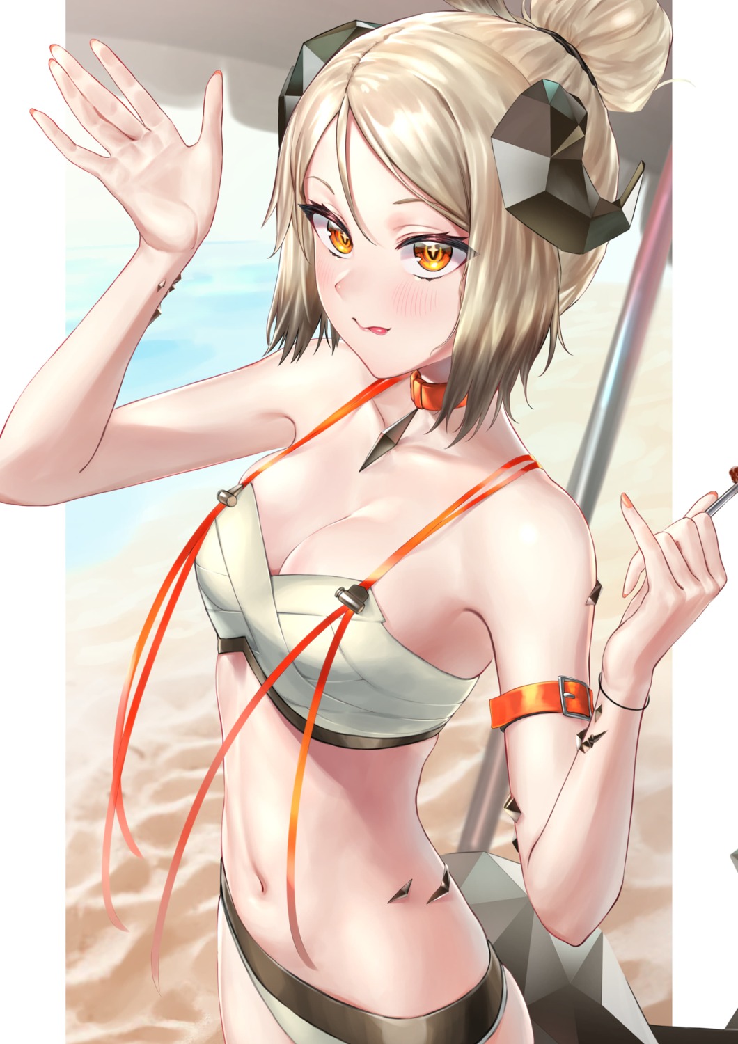 arknights, bikini, cleavage, horns, ifrit_(arknights), monegi, swimsuits, tail