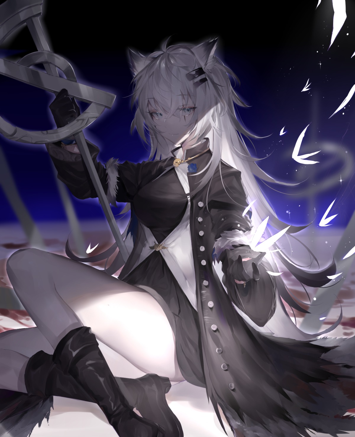 animal_ears, arknights, heels, lappland_(arknights), meng_ziya, sword, torn_clothes