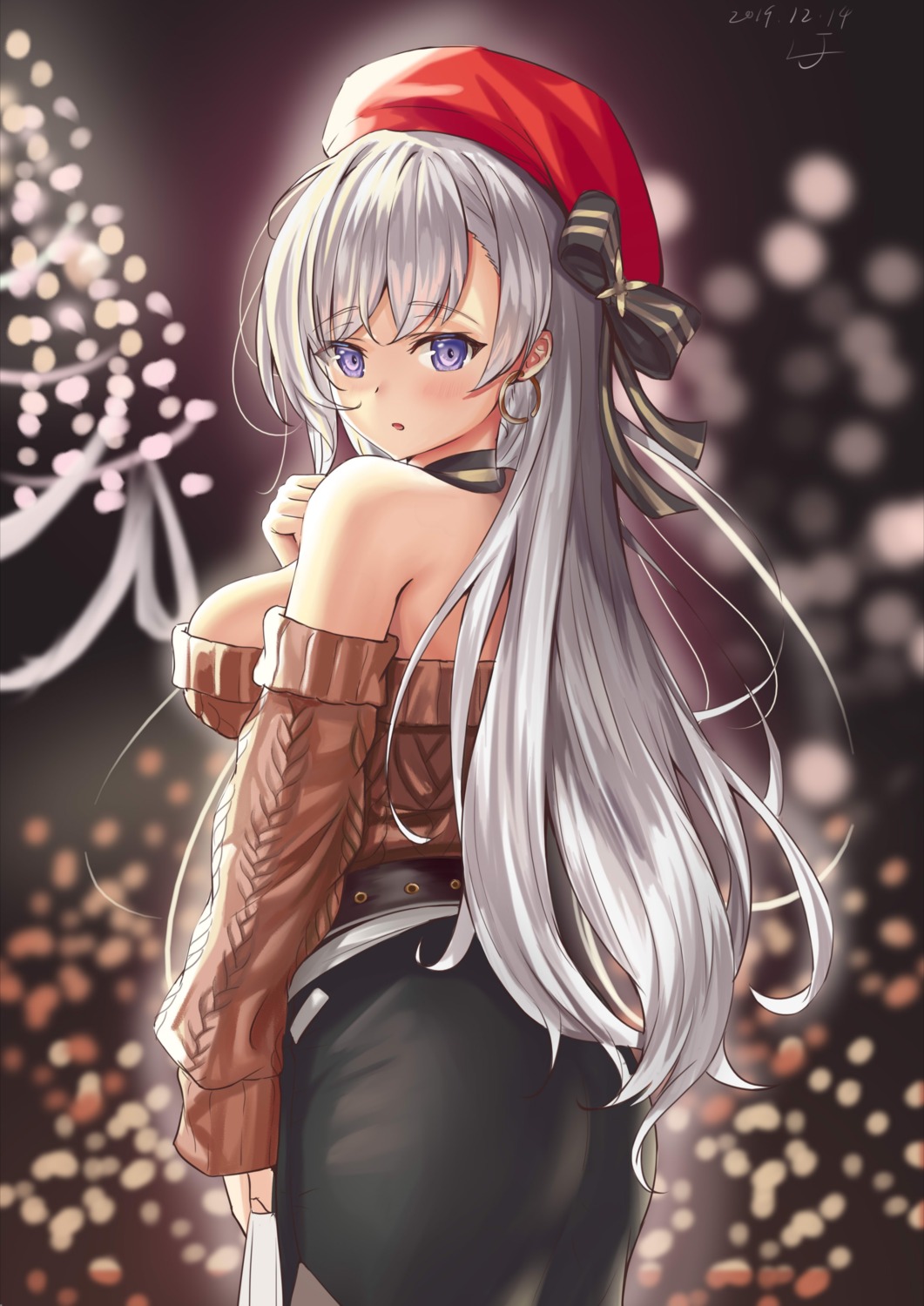 ass, azur_lane, belfast_(azur_lane), christmas, lj2000, no_bra, sweater