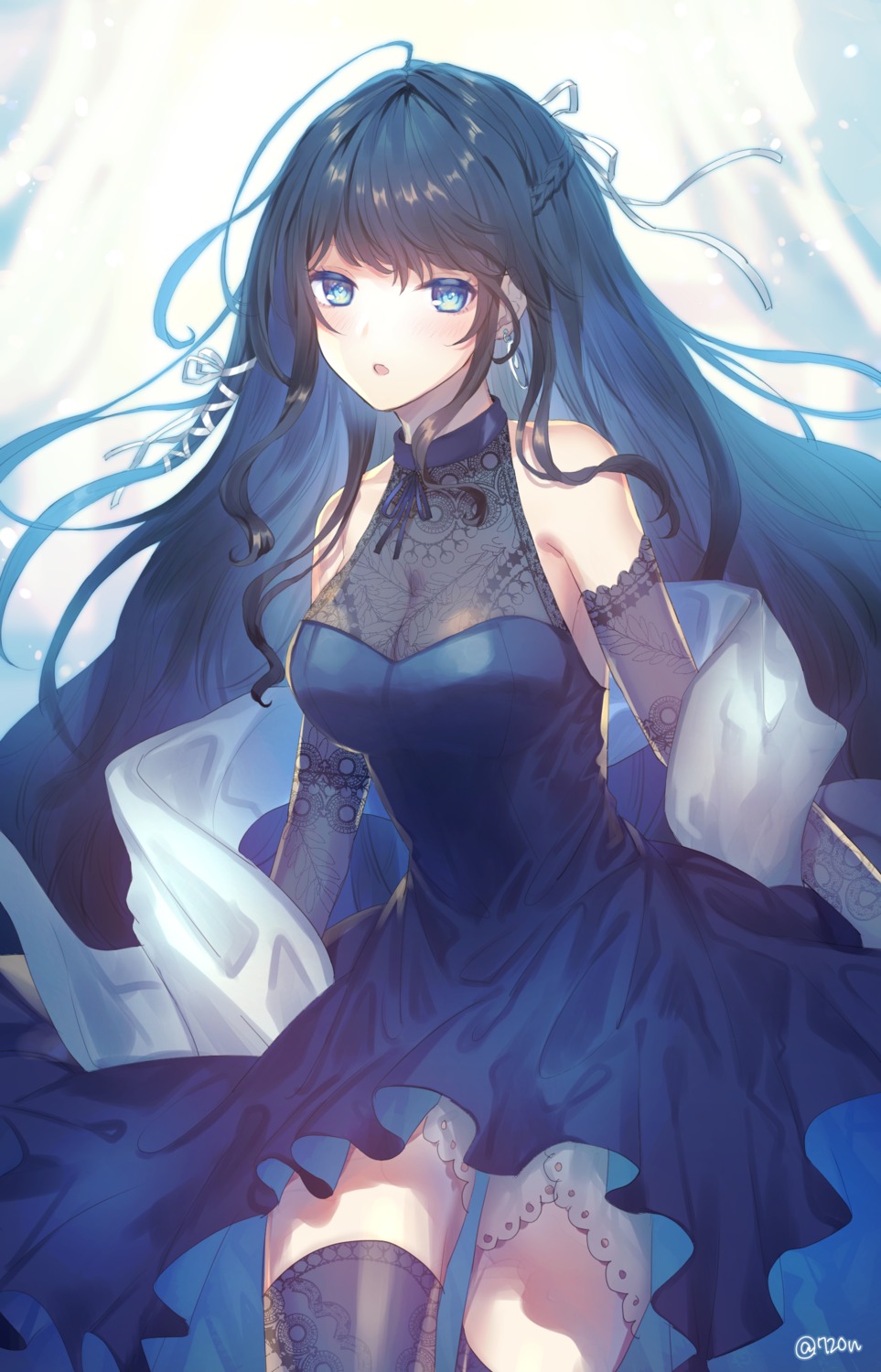 720yen, cleavage, dress, see_through, skirt_lift, thighhighs