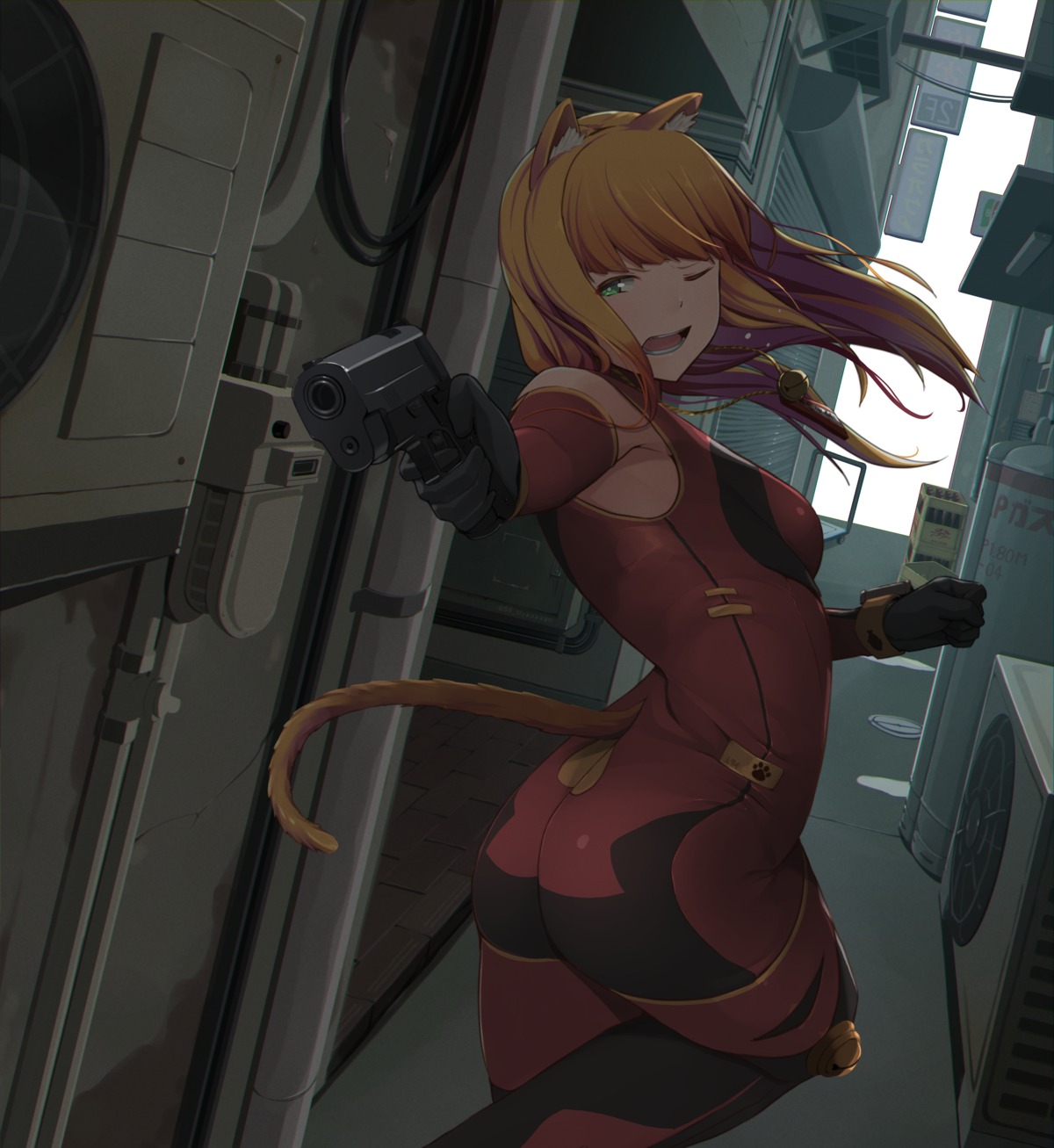 animal_ears, ass, befu, bodysuit, gun, tail