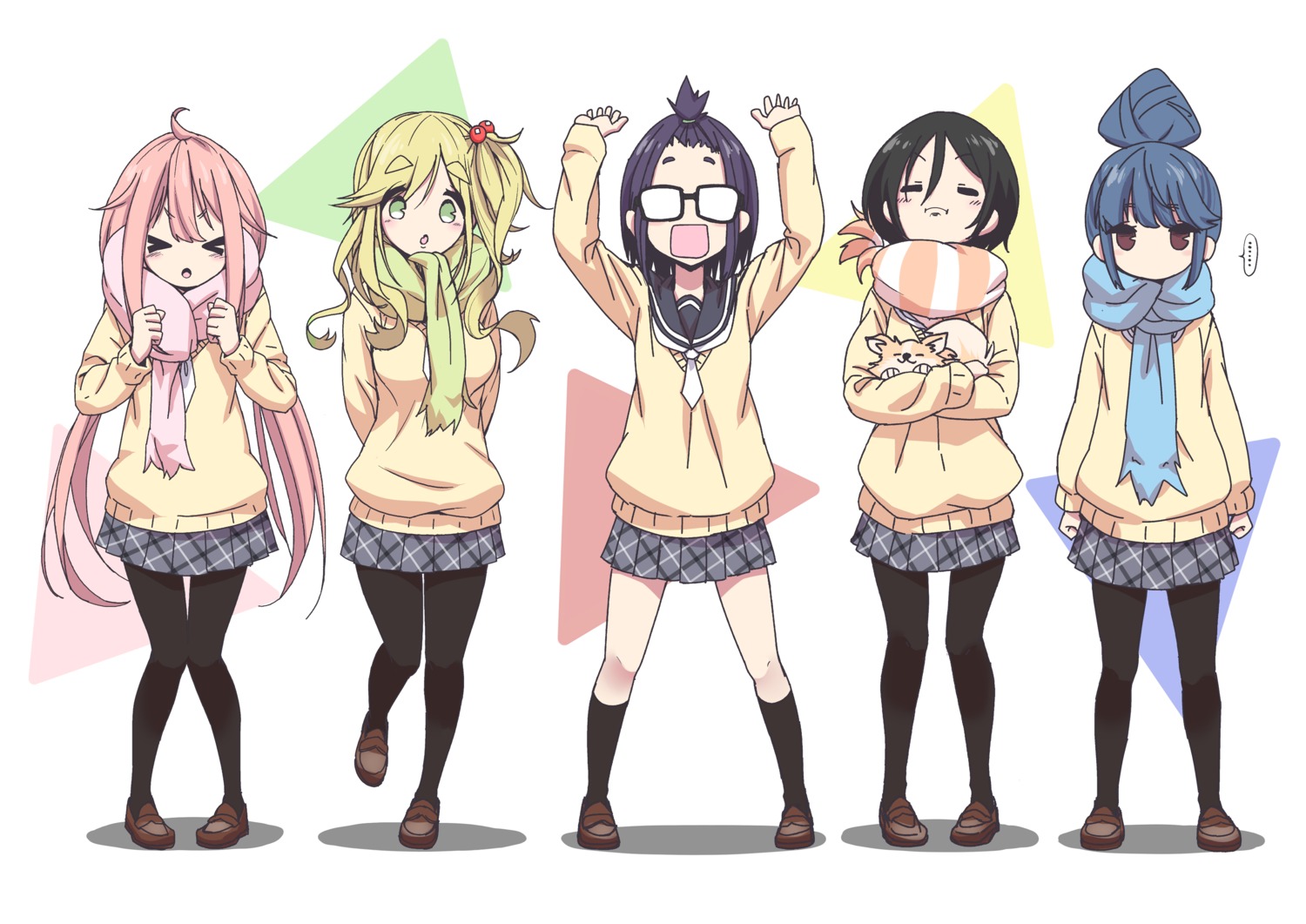 inuyama_aoi, kagamihara_nadeshiko, megane, n2midori, oogaki_chiaki, pantyhose, saitou_ena, seifuku, shima_rin, sweater, yurucamp
