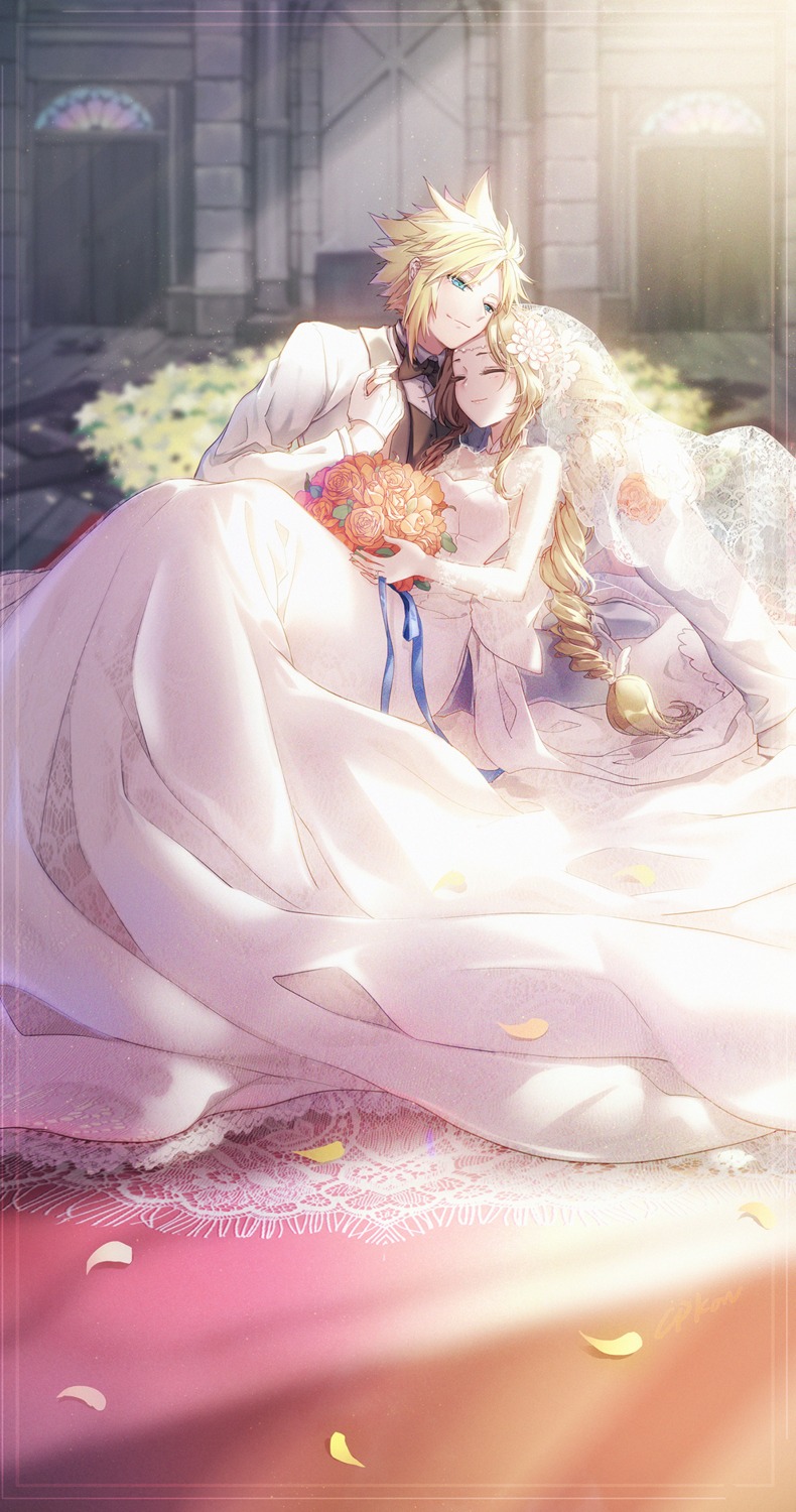 aerith_gainsborough, cleavage, cloud_strife, cpkon, dress, final_fantasy, final_fantasy_vii, see_through, wedding_dress