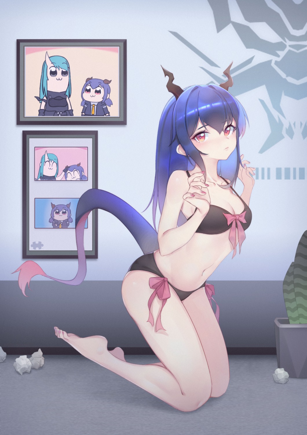 arknights, bra, ch'en_(arknights), cleavage, cosplay, horns, pantsu, pop_team_epic