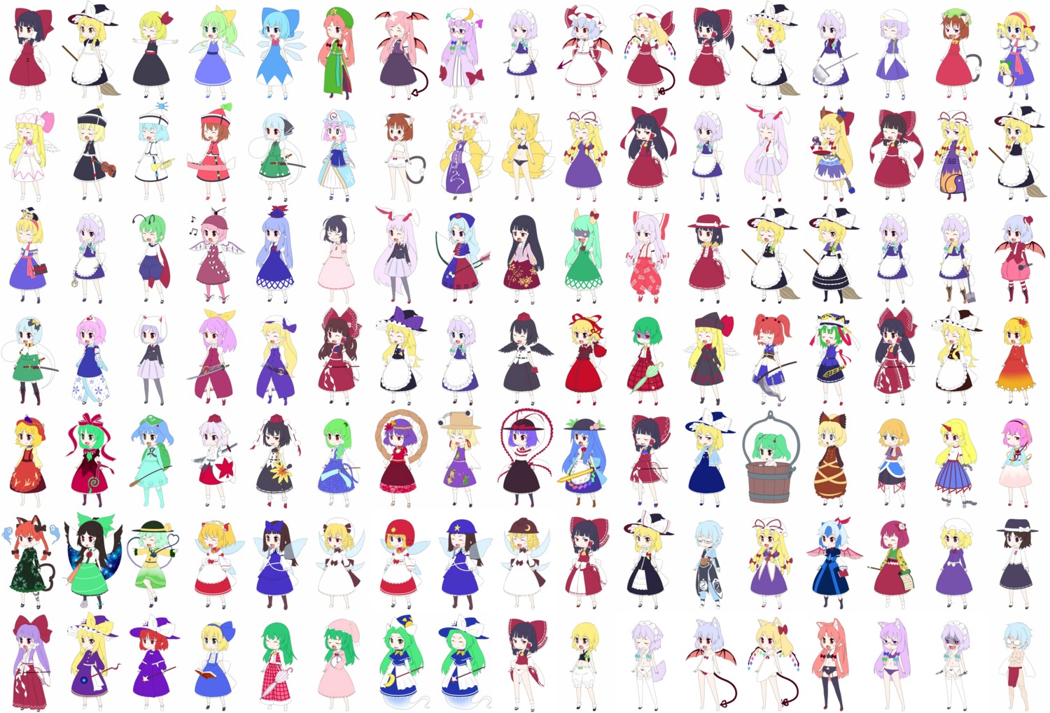 aki_minoriko, aki_shizuha, alice_margatroid, alice_margatroid_(young), animal_ears, bunny_ears, chen, cirno, classic_hakurei_reimu, classic_kirisame_marisa, daiyousei, ex_keine, flandre_scarlet, fujiwara_no_mokou, gustav, hakurei_reimu, hieda_no_akyuu, hinanawi_tenshi, hong_meiling, hoshiguma_yuugi, houraisan_kaguya, ibuki_suika, inaba_tewi, inubashiri_momiji, izayoi_sakuya, kaenbyou_rin, kagiyama_hina, kamishirasawa_keine, kawashiro_nitori, kazami_yuuka, kazami_yuuka_(classic), kirisame_marisa, kisume, koakuma, kochiya_sanae, komeiji_koishi, komeiji_satori, konpaku_youmu, kurodani_yamame, letty_whiterock, lily_black, lily_white, luna_child, lunasa_prismriver, lyrica_prismriver, maribel_han, medicine_melancholy, merlin_prismriver, miko, mima, mizuhashi_parsee, morichika_rinnosuke, moriya_suwako, myon, mystia_lorelei, nagae_iku, nekomimi, onozuka_komachi, patchouli_knowledge, reisen, reisen_udongein_inaba, reiuji_utsuho, remilia_scarlet, rumia, saigyouji_yuyuko, shameimaru_aya, shikieiki_yamaxanadu, star_sapphire, sunny_milk, tokiko, touhou, usami_renko, watatsuki_no_toyohime, watatsuki_no_yorihime, wings, witch, wriggle_nightbug, yagokoro_eirin, yakumo_ran, yakumo_yukari, yasaka_kanako