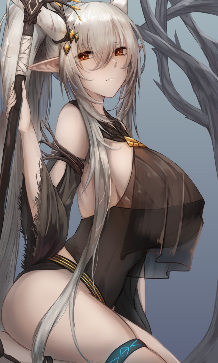 arknights, garter, horns, pointy_ears, shining_(arknights), swimsuits, uchisukui, weapon