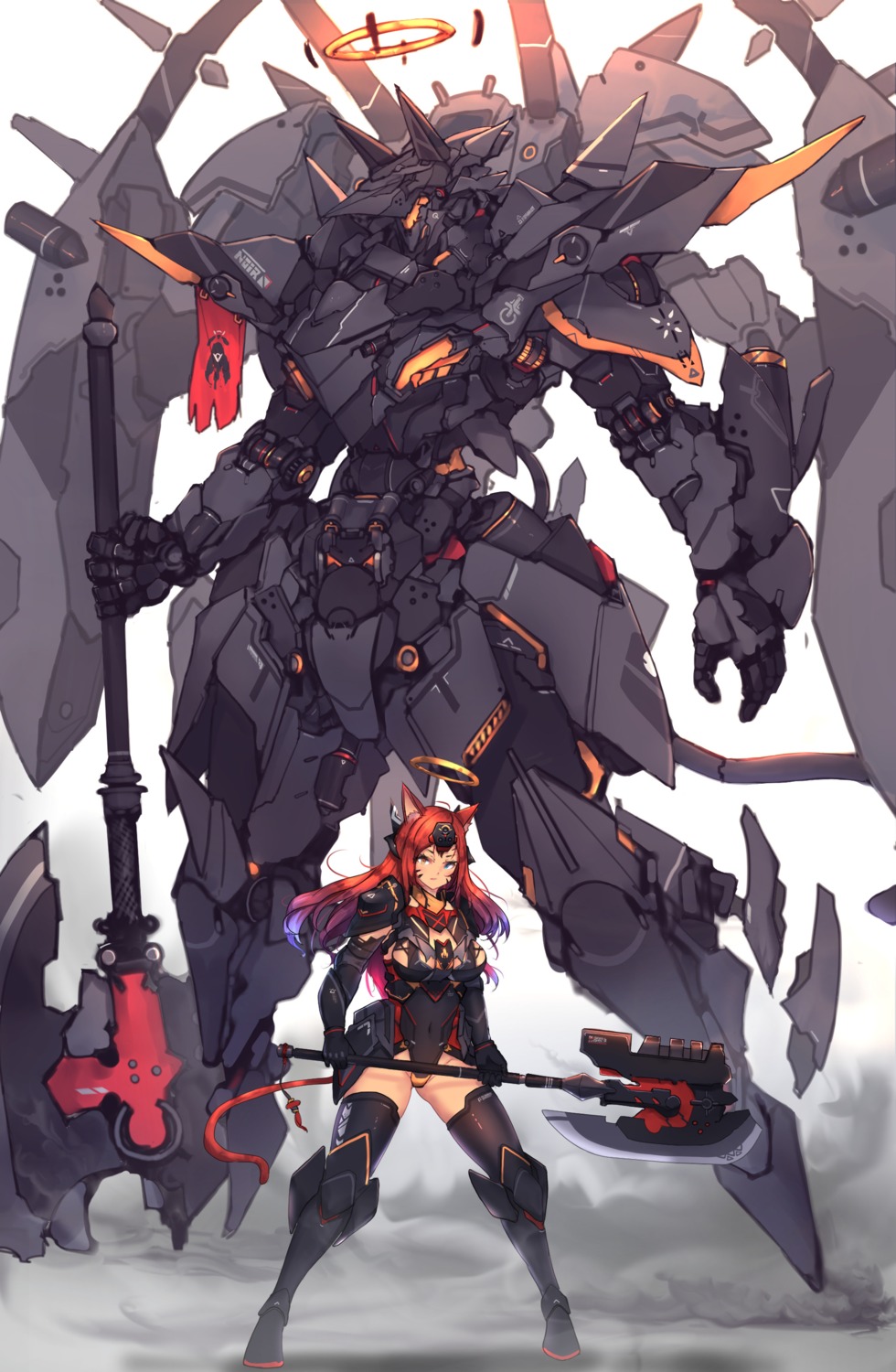 animal_ears, bodysuit, mecha, syaha, tail, thighhighs, weapon