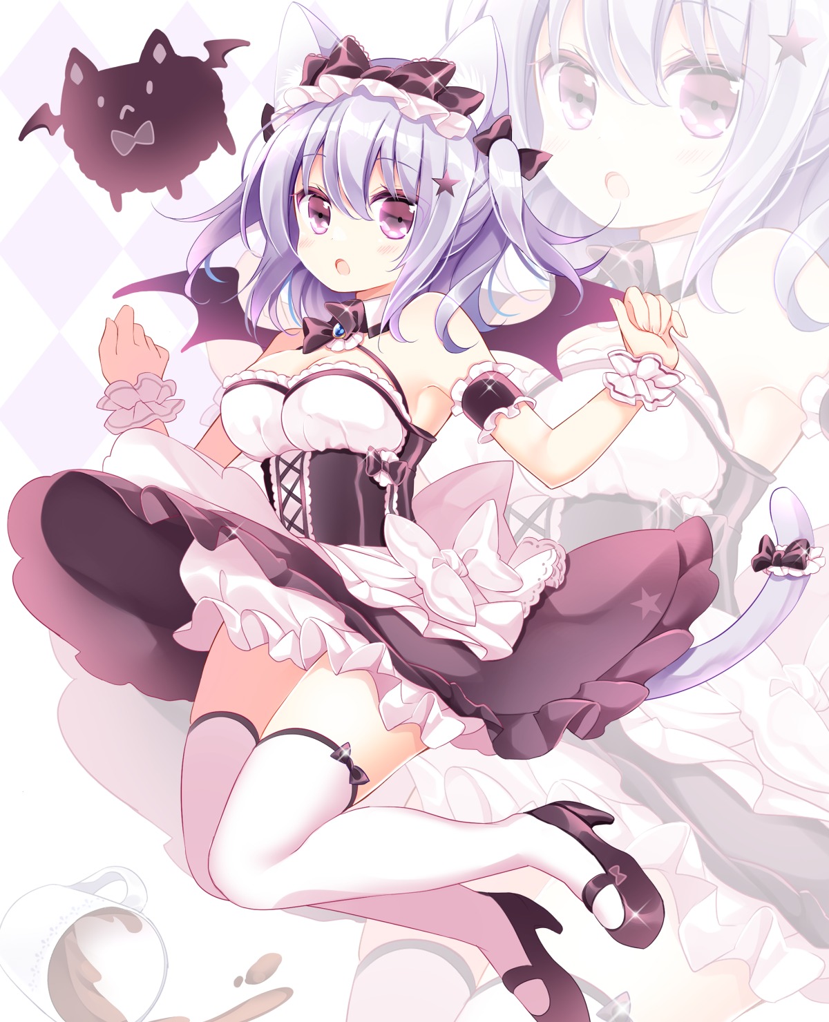animal_ears, cleavage, heels, maid, nekomimi, shikito, skirt_lift, tail, thighhighs, wings